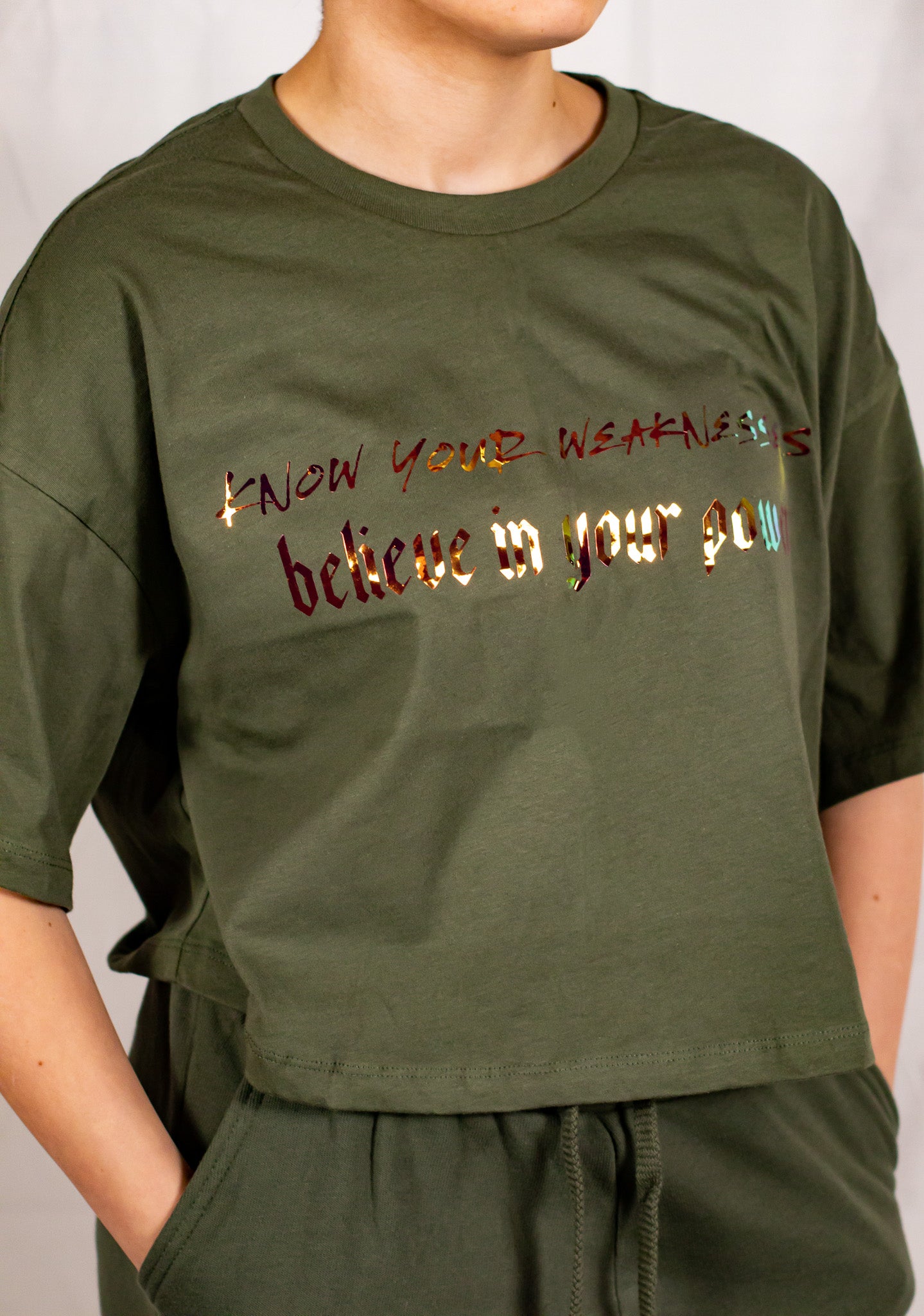 Military Green Oversized Holographic Cropped T-Shirt