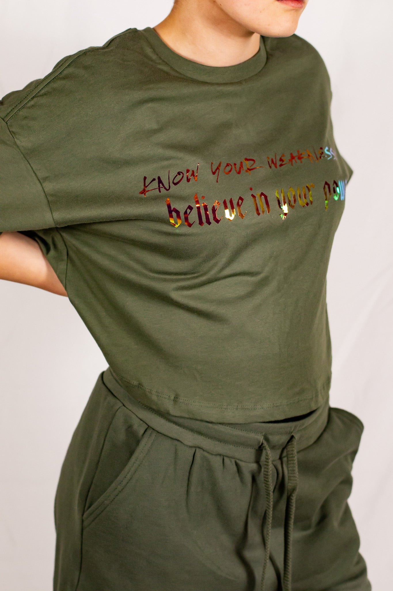 Military Green Oversized Holographic Cropped T-Shirt
